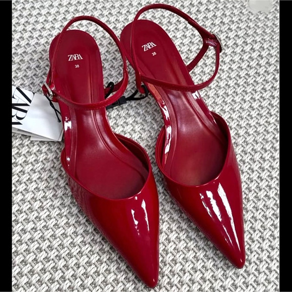 ZARA Red Patent Slingback Heels NWT – Pointed Toe Kitten Heels, Size 7.5 & 8 - Picture 11 of 16